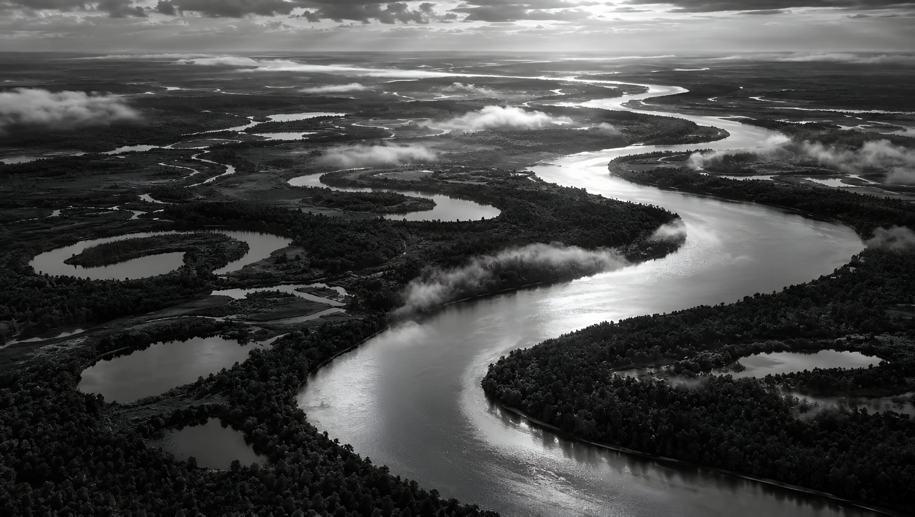 Vue aérienne en noir et blanc des méandres du fleuve Mississippi